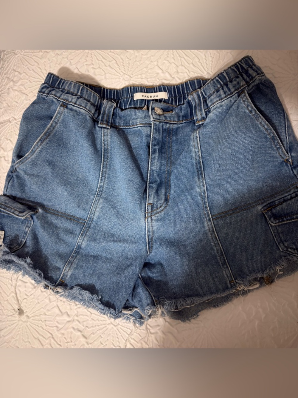 PacSun Denim Cargo Shorts High Waisted Frayed Hem